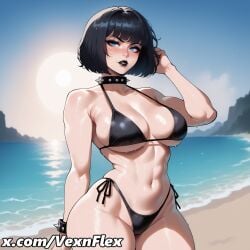 ai_generated beach big_breasts bikini black_hair breasts choker goth goth_girl huge_breasts light-skinned_female light_skin lily_(vexnflex) short_hair spiked_bracelet spiked_collar vexnflex