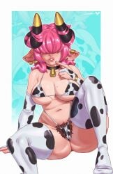 1girls armwear art_trade bikini brown_pubic_hair cow_girl cow_horns cow_print cow_print_armwear cow_print_bikini cow_print_thighhighs cowbell dayteghoul earrings female female_only hair_between_eyes hi_res horn_ring horns jollysart light_blush looking_at_viewer mole mole_on_breast mole_under_mouth pink_hair pointy_ears pubic_hair sitting solo thick_thighs thighhighs