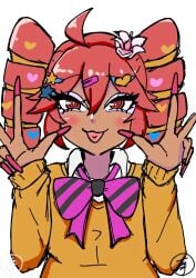 bow bowtie dark-skinned_female dark_skin drill_hair eyelashes eyeshadow female ganguro gyaru hair_ornament highres houbou_ura kasane_teto kasane_teto_(utau) makeup nail_polish red_hair sweater twin_drills utau yamanba_(gyaru)