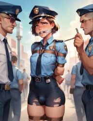 ai_generated bondage brown_hair bulge bulge_through_clothing femboy femboy_only femboysub gagged gagged_drooling gagged_female police_uniform policewoman ripped_clothing ripped_pants rope rope_between_breasts rope_bondage rope_harness short_hair slave small_breasts small_penis submissive tears tears_of_desperation tiny_breasts tiny_penis