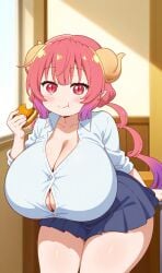 ai_generated cleavage curvy eating huge_breasts ilulu_(dragon_maid) miss_kobayashi's_dragon_maid pink_eyes pink_hair school_uniform schoolgirl shortstack