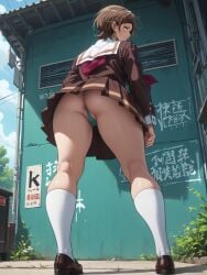 ai_generated anus_peek, ass, brown_eyes brown_hair female from_below green_sling_thong, hibike!_euphonium katou_hazuki loafers loose_socks pale-skinned_female, school_uniform short_hair, solo thong upskirt,