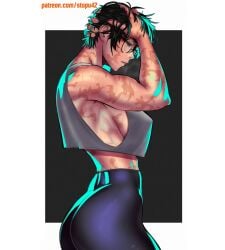 ass big_breasts crop_top glasses jujutsu_kaisen leggings muscular_female scar scars_all_over short_hair side_view sideboob stopu sweaty tagme tank_top toned zenin_maki