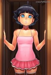 ai_generated black_hair blue_eyes blush crazyfishbones female looking_at_viewer short_hair skirt solo thighhighs uzumaki_himawari zettai_ryouiki