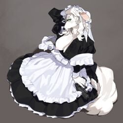 1girls 2025 anthro areolae breasts canid canine canis clothed clothed_anthro clothed_female clothing digital_media_(artwork) domestic_dog exposed_breasts female female_only fur furry green_eyes hair handgun hi_res kame_3 looking_at_viewer maid_uniform mammal nipples one_breast_out simple_background solo tail weapon white_body white_fur white_hair white_tail