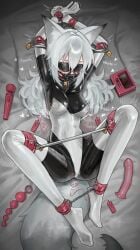 absurdres anal_beads animal_ear_fluff animal_ears black_blindfold blindfold bodysuit breasts chains collar commentary cuffs dildo egg_vibrator elbow_gloves english_commentary female fox_ears fox_girl fox_tail gag gagged gloves handcuffs heterochromia highres hitachi_magic_wand impossible_bodysuit impossible_clothes large_variant_set latex latex_bodysuit leotard lock lockbox long_hair medium_breasts open_mouth original panel_gag restrained saaal653 sex_toy shackles skin_tight spread_legs spreader_bar tail thighhighs variant_set very_long_hair vibrator white_gloves white_thighhighs