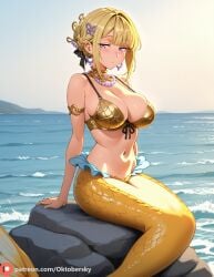 ai_generated clothed evelyn_chevalier female large_breasts mermaid mermaid_tail mole mole_under_eye monster_girl navel oktobersky purple_eyes sitting zenless_zone_zero