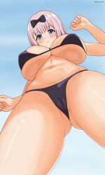 1girls big_breasts bikini black_bikini blue_eyes blush breasts busty cameltoe child_bearing_hips cleavage covered_nipples erect_nipples_under_clothes female female_only from_below fujiwara_chika hair_ribbon highres kaguya-sama_wa_kokurasetai_~tensai-tachi_no_renai_zunousen~ large_breasts legs long_hair looking_at_viewer looking_down navel pink_hair ribbon sideboob swimsuit thighs underboob voluptuous