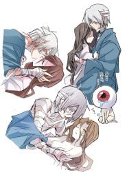 1boy 1girls bandages breasts breasts_out brown_hair canon_couple diseased female gegege_no_kitarou hair_over_one_eye husband_and_wife iwako_(gegege_no_kitarou) kimono kissing kitarou_tanjou_gegege_no_nazo long_hair male medama_oyaji medama_oyaji_(human) messy_hair one_eye_closed pale-skinned_female pale-skinned_male pale_skin very_long_hair wounded