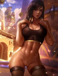 abs blizzard_entertainment bottomless breasts crop_top dark-skinned_female dark_skin female female_only logan_cure looking_at_viewer navel nipples overwatch pharah pussy pussy_juice pussy_juice_string see-through solo sweat tagme temple_of_anubis_(map) thighhighs uncensored