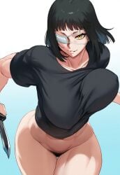 ai_generated attack big_breasts black_hair black_shirt bottomless bouncing_breasts breasts combat_knife dynamic_pose eyepatch female gradient_background huge_breasts jagat_ai jormungand large_breasts looking_at_viewer muscular muscular_female nipple_bulge nipples_visible_through_clothing plain_background pubic_hair short_hair sofia_valmer solo solo_female t-shirt toned toned_female