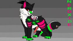 balls big_balls black_claws black_fur black_nose can_fly canine_penis eyes_on_body fangs feline feral_only green_paws head_tail hybrid_creation lean_figure male no_gender no_sex nonbinary penis pink_markings pink_pawpads pink_penis posing red_eyes shark_teeth simple_background slit_pupils smirk solo solo_focus spiked_tail standing tusks unknown_artist weirdcore white_underbelly