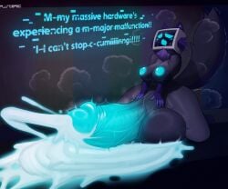 absurd_res anthro areola balls big_areola big_balls big_breasts big_penis blue_penis bodily_fluids breasts cum dialogue ejaculation excessive_cum excessive_genital_fluids felid feline for_a_head genital_fluids genitals glistening glistening_genitalia glowing glowing_cum glowing_genitalia glowing_nipples glowing_penis gynomorph hand_on_penis hi_res huge_balls huge_cock humanoid_genitalia humanoid_penis hyper hyper_balls hyper_genitalia hyper_penis intersex mammal nipples nude nude_gynomorph object_head on_ground penis plundered robot_anthro screen screen_face solo thick_thighs unusual_bodily_fluids unusual_cum unusual_genital_fluids vein veiny_penis