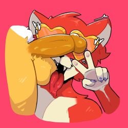 animal_ears big_penis crappy_(shappysway) furry furry_male furry_only licking_balls male male_focus male_only mr_mapache open_mouth penis red_fur shappysway yellow_fur