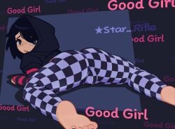 abstract_background armwear backsack black_hair bulge checkered_clothes eye_bags female female_focus futanari good_girl grey_eyes hoodie intersex laying_on_stomach leggings looking_back oc original original_character praise star_rifle striped_clothing tight_clothing tights toenail_polish trans_woman