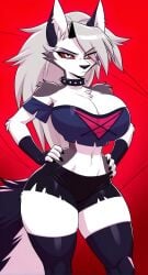 1girls ai_generated anthro big_breasts black_eyelashes black_nose black_shorts black_thighhighs breasts curvy curvy_body curvy_female curvy_figure eyelashes female fingerless_gloves furry hands_on_hips hellhound helluva_boss hourglass_figure hourglass_figured_female long_hair looking_at_viewer loona_(helluva_boss) neutral_expression no_bra shirt shorts spiked_collar surikat surikat1 thick_thighs thighhighs wide_hips wolf wolf_ears wolf_girl wolf_tail