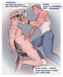 belly_bulge blonde_hair bound brown_hair caged_cock chastity chastity_cage chastity_device cum dominant erect_nipples eye_mask gay male male_only mask muscular naked restrained romainxxx sex_toy smell smelly smelly_feet sniffing submissive submissive_male tape_gag tied_up yaoi