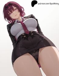 1girls ai_generated arms_behind_back ass_visible_through_thighs bangs black_jacket black_skirt breasts cameltoe earrings eyebrows_visible_through_hair eyewear_on_head female from_below glasses glowing glowing_eyes hair_between_eyes hi_res high_quality high_resolution highres honkai:_star_rail honkai_(series) jacket jewelry kafka_(honkai:_star_rail) large_breasts legs light light_smile lingerie lips looking_at_viewer medium_hair necktie nose opal_nemy open_jacket panties patreon patreon_logo patreon_url patreon_username pink_eyes plain_background purple_eyes purple_hair self_upload shadow shiny shiny_clothes shiny_hair shiny_skin simple_background single_earring skirt smile thick_thighs thighs watermark white_background white_shirt