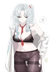 1girls angela_(lobotomy_corporation) artist_request belly_button breasts collarbone cyan_hair female lobotomy_corporation messy_hair pale-skinned_female pale_skin panties pantyhose project_moon red_band red_tie ripped_pantyhose thighs white_background white_panties white_suit