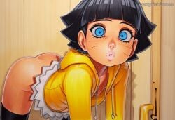 ai_generated black_hair blue_eyes blush breasts crazyfishbones female open_mouth short_hair skirt solo thighhighs uzumaki_himawari