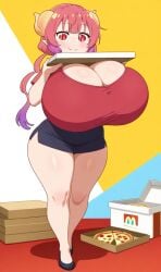 ai_generated curvy delivery_girl huge_breasts ilulu_(dragon_maid) miss_kobayashi's_dragon_maid pink_eyes pink_hair pizza shortstack