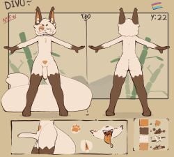 anthro ass balls biped brown_body brown_fur divu_(divucup) divucup domestic_cat erection felid feline felis fingers foreskin fur genitals hi_res humanoid_genitalia humanoid_penis male mammal model_sheet multicolored_body multicolored_fur nude penis rear_view smile solo standing tail teeth tongue tongue_out white_body white_fur white_tail