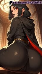 1girls 2025 ai_generated artist_name ass ass_focus black_hair braid brick_wall cape chains cloak electroworld female from_behind hi_res high_quality high_resolution highres hood hood_down looking_back patreon patreon_username red_eyes serana sitting solo stable_diffusion the_elder_scrolls the_elder_scrolls_v:_skyrim watermark