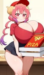 ai_generated curvy delivery_girl huge_breasts ilulu_(dragon_maid) miss_kobayashi's_dragon_maid pink_eyes pink_hair pizza shortstack