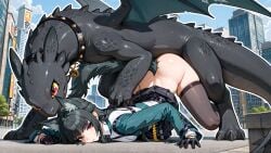 ai_background ai_generated ambiguous_penetration animal_ears antho anthro_penetrating anthro_penetrating_human bottom_up city colar dark_hair dragon dreamworks emotionless from_behind gloves hoshimi_miyabi how_to_train_your_dragon human long_hair on_ground position public red_eyes rubeon sex skirt tail thighhighs tie toothless wings zenless_zone_zero