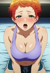 ai_generated bed breasts cleavage comet_(gnosia) female gnosia green_eyes large_breasts looking_at_viewer momina_sonotameni open_clothes pillow pink_hair short_hair shorts sleeveless solo sports_bra tomboy upper_body