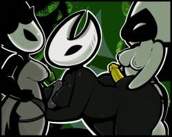 3girls anthro anthro_on_anthro between_buttocks boobjob commission commission_art commissioner_upload digital_drawing_(artwork) digital_media_(artwork) heyomaerow hollow_knight hollow_knight:_silksong hornet_(hollow_knight) horns insects lace_(hollow_knight) lesbian lesbian_sex paizuri phantom_(hollow_knight) strap-on strapon threesome