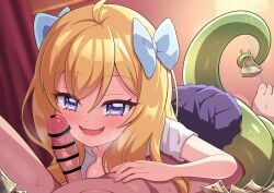 1boy banknote bar_censor blonde_hair blue_bow blue_eyes blue_skirt bow breasts censored clothed_female_nude_male commentary_request commission fangs female hairbow imminent_fellatio indoors jashin-chan jashin-chan_dropkick lamia large_variant_set long_hair medium_breasts miniskirt money monster_girl mumyou_ishi nude open_mouth penis pleated_skirt prehensile_tail prostitution shirt short_sleeves skeb_commission skirt straight tail textless_version variant_set white_shirt