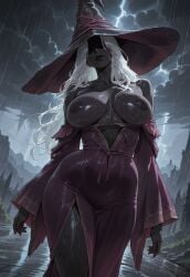 ai_generated breasts breasts_apart breasts_out cloud colored_skin cowboy_shot dark_nipples dark_skin detached_sleeves dress dsp elden_ring female female hat highres large_breasts lightning lips lipstick long_hair makeup nipples no_bra outdoors purple_dress rain recluse_(elden_ring) recluse_(nightreign) self-upload shaded_face solo thick_thighs thighs uncensored very_dark_skin wai-nsfw-illustrious-sdxl wet wet_clothes wet_skin white_hair witch_hat