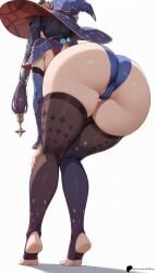 1girls ai_generated ass bangs black_hair cameltoe curvy feet female from_behind genshin_impact hair_ornament hands_on_own_knees hi_res high_quality high_resolution highres huge_ass knees_together_feet_apart legs mona_(genshin_impact) opal_nemy patreon patreon_logo patreon_username plain_background pussy_peek self_upload shadow simple_background soles star_hair_ornament thick_thighs thighhighs thighs watermark white_background witch_hat