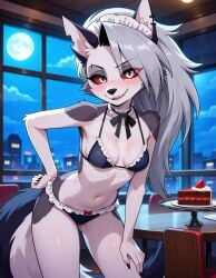 2025 ai_generated belly black_eyebrows black_eyes black_fingernails deviantart elryusam evil_grin evil_smile furry_ears furry_female grinning_at_viewer hand_on_hip hand_on_leg helluva_boss looking_at_viewer loona_(helluva_boss) maid_bikini meta not_porn pink_cheeks smile_at_viewer smiling_at_viewer tail tummy vivziepop white_hair youtube