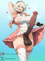 1futa ai_generated areola_slip armpit blue_eyes covered_nipples cowboy_shot dress dress_lift elphelt_valentine erection futanari gloomyme guilty_gear guilty_gear_strive horse_penis horsecock horsecock_futanari horsecock_on_humanoid patreon_username short_hair sideboob simple_background solo spiked_collar sweat twitter_username watermark white_hair