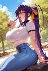 1girls ai_generated akeno_himejima ass balecxi bangs big_ass black_hair blue_pants blue_sky blush bra_visible_through_clothes breasts bubble_tea bubble_tea_challenge clothing cloud collared_shirt crop_top cup curvaceous curvaceous_female curvaceous_figure curvy curvy_figure day denim disposable_cup drinking drinking_straw drinking_straw_in_mouth female female_focus female_only hair_between_eyes hair_ornament hair_ribbon high-waist_pants high_ponytail high_school_dxd himejima_akeno holding holding_cup huge_breasts jeans large_breasts light-skinned_female lips long_hair looking_at_viewer midriff open_mouth orange_ribbon outdoors pants ponytail purple_eyes purple_hair ribbon rock shirt short_sleeves sidelocks sitting sky solo sweat thick_thighs thighs tree very_long_hair voluptuous voluptuous_female wet wet_clothes wet_shirt white_shirt