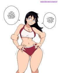 1girls 2020s 2025 2d 2d_(artwork) artist_name black_hair boku_no_hero_academia breasts cleavage clothed clothes clothing color colored deviantart_link dialogue digital_media digital_media_(artwork) english_text eyelashes fanart female female_focus female_only gender_transformation genderswap_(mtf) hands_on_hips hanta_sero hi_res highres implied_transformation large_breasts light-skinned_female light_skin long_hair long_hair_female looking_at_viewer my_hero_academia navel offscreen_character painted_nails patreon patreon_username pink_nails plain_background post_transformation red_clothing rule_63 shorts shounen_jump simple_background smiling smiling_at_viewer speech_bubble standing tank_top text themightfenek thick_thighs thighs tight_belly transformation white_background wide_hips workout_clothes