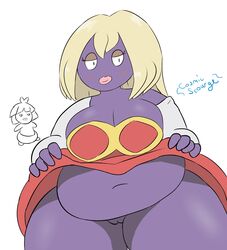 2018 2girls anthro belly big_ass big_belly big_breasts black_eyes blush bottomless breasts chubby cleavage clothed clothing cosmicscourge dress dress_lift eyelashes female female_only gloves half-closed_eyes holding huge_ass huge_breasts jynx large_ass large_breasts lips lipstick long_hair looking_at_viewer navel nintendo no_panties overweight partially_colored pink_lipstick pokémon_(species) pokemon pokemon_(species) pokemon_gsc pokemon_rgby presenting presenting_pussy purple_skin pussy simple_background smoochum standing text thick_thighs undressing video_games voluptuous watermark white_background wide_hips