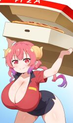 ai_generated curvy delivery_girl huge_breasts ilulu_(dragon_maid) miss_kobayashi's_dragon_maid pink_eyes pink_hair pizza shortstack