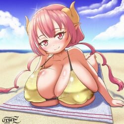 1girls beach feuerz gold_bikini horns huge_breasts ilulu_(dragon_maid) kobayashi-san_chi_no_maidragon looking_at_viewer red_eyes red_hair self_upload