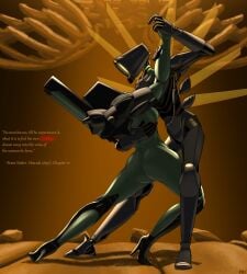 ass breasts cyan_body dancing english_text facrec heels hi_res mindflayer_(ultrakill) robot robot_boy robot_girl self_upload small_breasts text ultrakill v1_(ultrakill)
