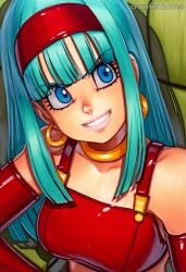ai_generated blue_eyes bra_(dragon_ball) breasts crazyfishbones earrings female hairband jewelry long_hair looking_at_viewer smile solo