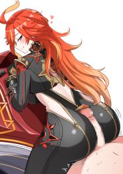 ass biker_clothes bikesuit black_bodysuit black_gloves bodysuit breasts buttjob censored earrings female flamestrider_(genshin_impact) genshin_impact gloves heart jewelry long_hair mavuika_(genshin_impact) mosaic_censoring motor_vehicle motorcycle multicolored_hair on_motorcycle orange_eyes orange_hair penis red_hair smile sun_earrings twitching two-tone_hair very_long_hair white_background yuzu_kiro