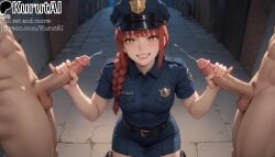 1girls 2boys ai_generated alley artist_name artist_signature braid braided_ponytail breasts chainsaw_man cum double_handjob ejaculation erection fishnet_pantyhose fishnets grin group_sex handjob hat hi_res high_resolution highres kurutai long_hair looking_at_viewer makima_(chainsaw_man) mmf_threesome multiple_boys nude orange_eyes pantyhose patreon peaked_cap penis police police_hat police_uniform policewoman red_hair shirt skirt smile solo_focus straight teeth testicles threesome uncensored uniform yellow_eyes