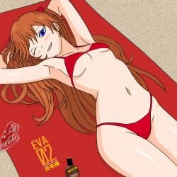 1girls armpits arms_behind_head asuka_langley_sohryu beach bikini blue_eyes blush breasts can cleavage coca-cola curvy drink_can female female_only grin half-closed_eye highres legs long_hair looking_at_viewer lying navel neon_genesis_evangelion one_eye_closed orange_hair pose posing red_bikini sensual sexy sexy_pose sideboob small_breasts smile soda_can solo swimsuit thighs thong_bikini towel twintails underboob wide_hips wink