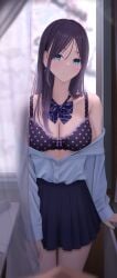 1girls absurdres black_bra blue_bow blue_eyes blue_skirt blurry blurry_background bow bra breasts curtains earrings highres inaka_44 indoors jewelry long_hair looking_at_viewer medium_breasts mole mole_under_eye off_shoulder original parted_bangs pleated_skirt polka_dot polka_dot_bra shirt shirt_tucked_in skirt solo striped_bow underwear white_shirt window
