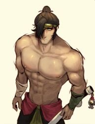 artist_request black_hair brawl_stars breasts hair_ribbon katana kenji_(brawl_stars) male male_boobs male_breasts male_only muscles muscular muscular_male samurai solo_male