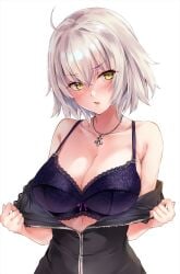 1girls ahoge bare_shoulders blush bow bow_bra bra breasts cleavage collarbone commentary_request cowboy_shot fate/grand_order fate_(series) fingernails highres jeanne_d'arc_alter_(avenger)_(fate) jeanne_d'arc_alter_(fate) jeanne_d'arc_alter_(ver._shinjuku_1999)_(fate) jewelry large_breasts marisasu_(marisa0904) necklace official_alternate_costume open_clothes open_mouth short_hair simple_background underwear upper_body white_background white_hair yellow_eyes