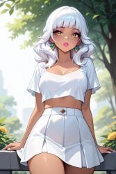 ai_generated cute cute_face dark_skin dark_skinned_female fit_female league_of_legends orange_eyes qiyana_yunalai riot_games skinny_girl white_hair white_shirt white_skirt white_top